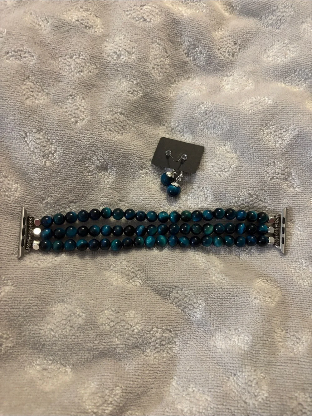 Blue Tiger EyeBeaded Triple-Strand Apple Watch Band w/ Matching Earrings